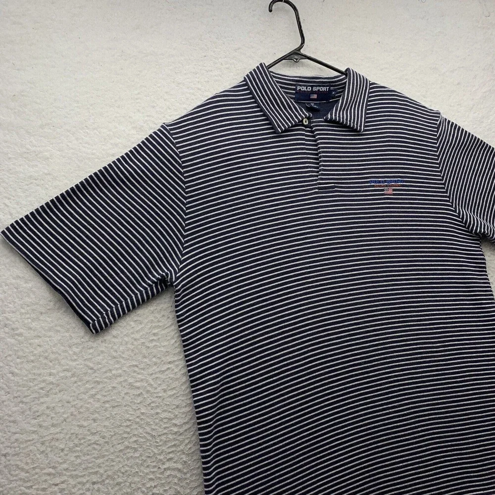 Polo Sport Ralph Lauren‎ Polo Shirt Mens XL Blue White Striped Golf Flag Preppy